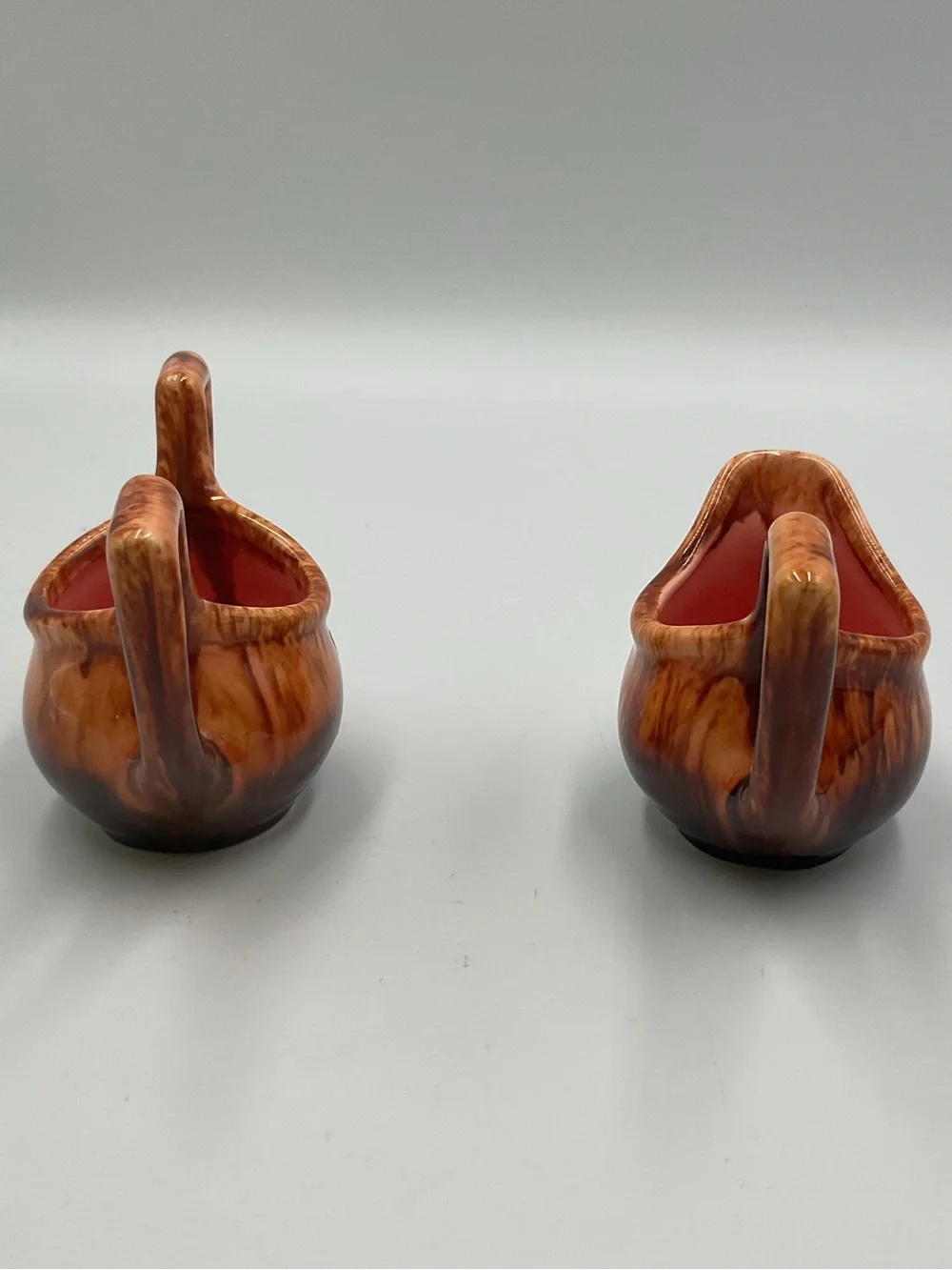 Retro Vintage Brown Drip Glaze Cream & Sugar Set Cat Eyes MCM Signed Pottery